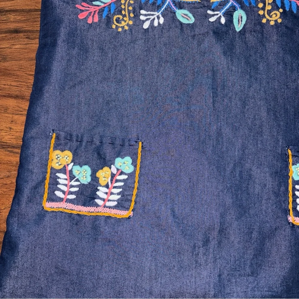 Girls' Dark Blue Denim Embroidered Sleeveless Dress